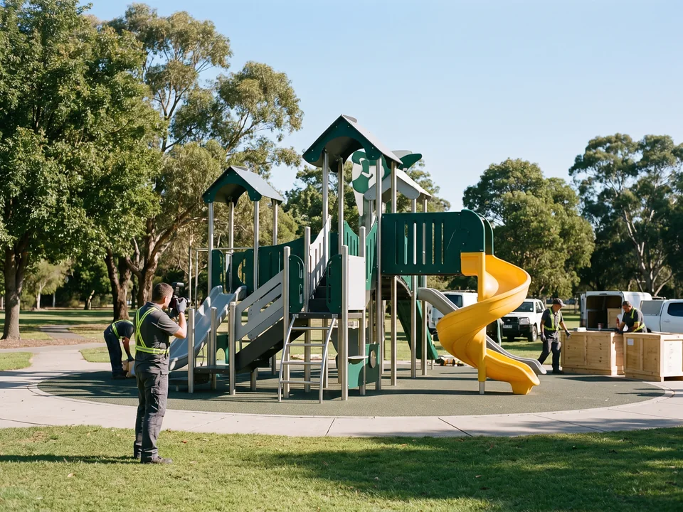 A park play structure fully pre-assembled in the factory yard before packing