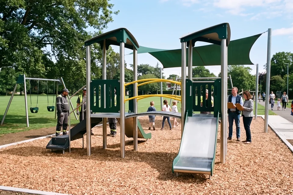The same park after phase 2 with a swing bay and shade added in the same colors, same camera