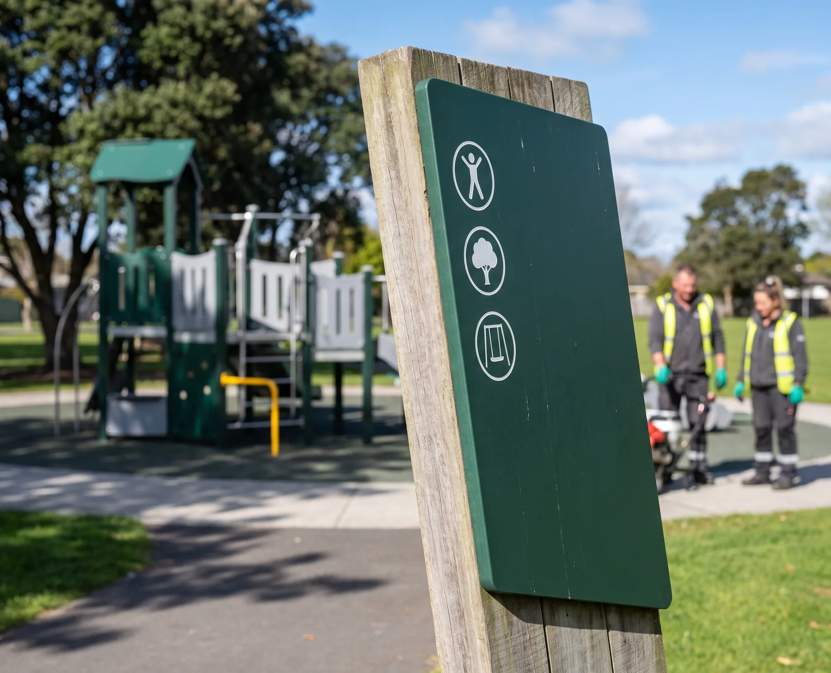 Playground entry sign in engraved HDPE with the age range, rules and a blank block, on a post at the park play area
