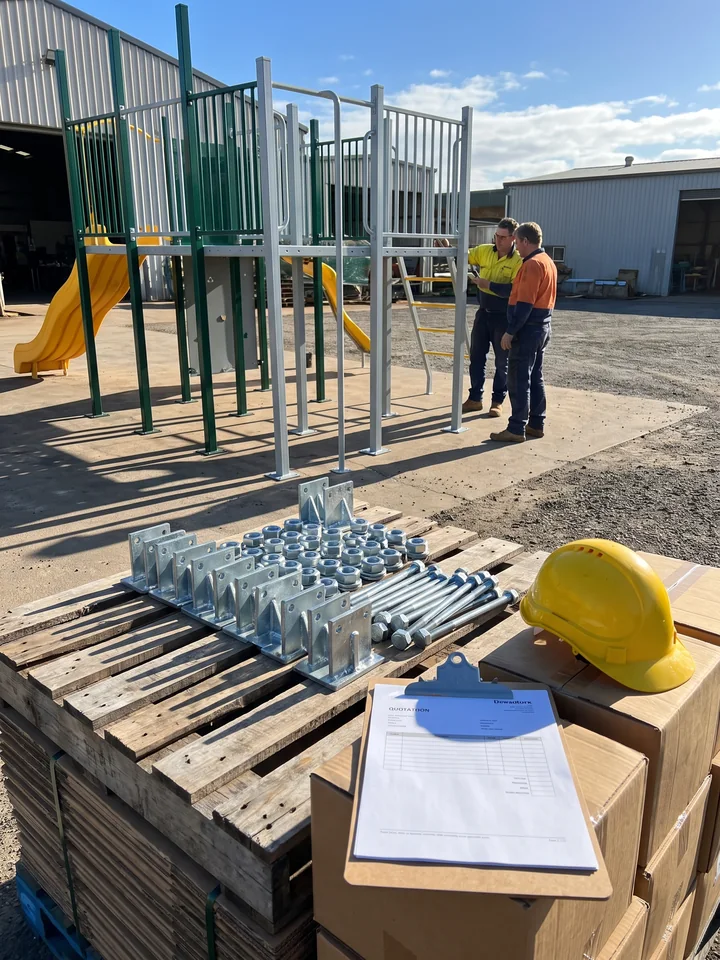 Anchor-bolt base plates and embedded anchors laid out in rows on a timber pallet