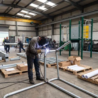 A welder TIG-welding a bent steel frame