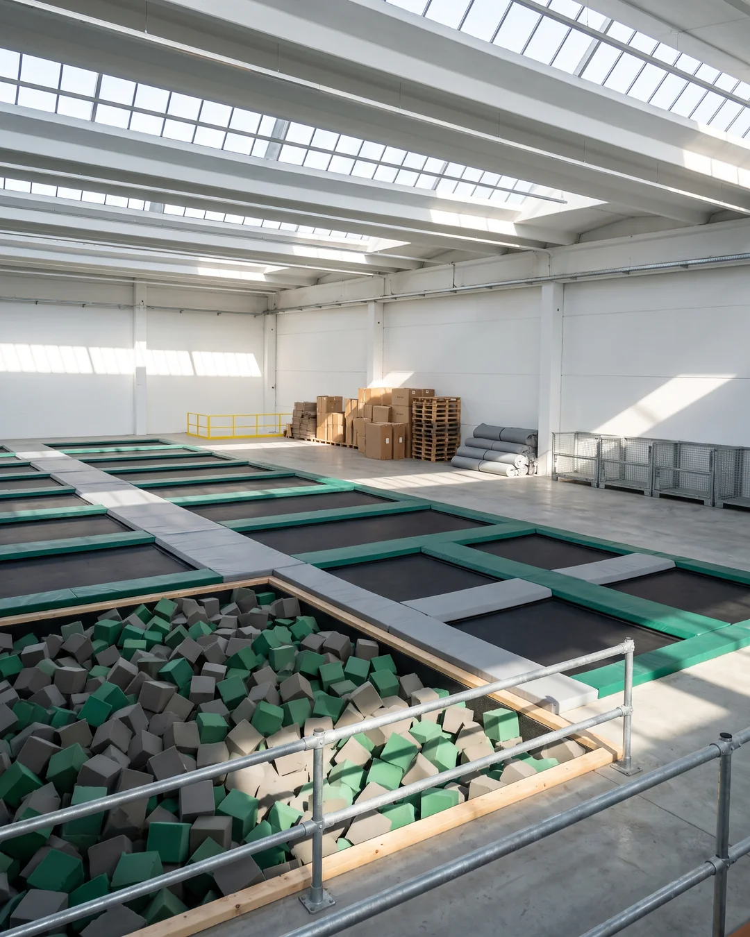 A trampoline court in a skylit venue before opening, with a foam pit in the foreground