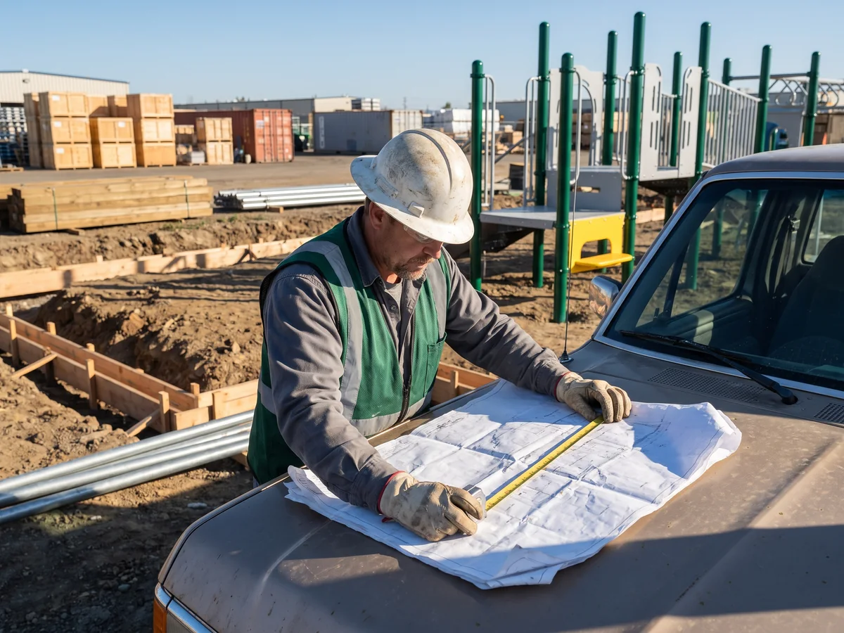 A local contractor measuring a footing detail drawing spread on a pickup hood at a site