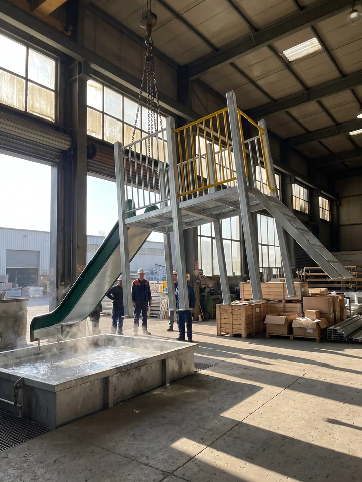 A whole welded frame lifted out of the galvanizing bath, silver zinc finish
