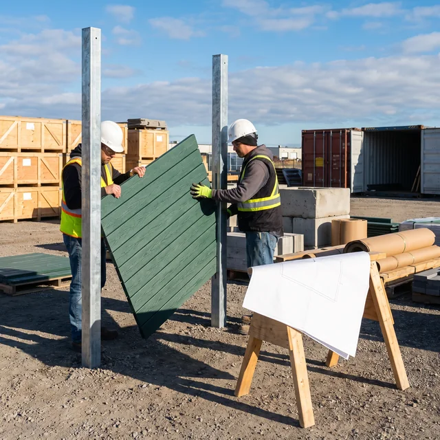 A local installation crew fitting an evergreen deck to posts following an assembly drawing
