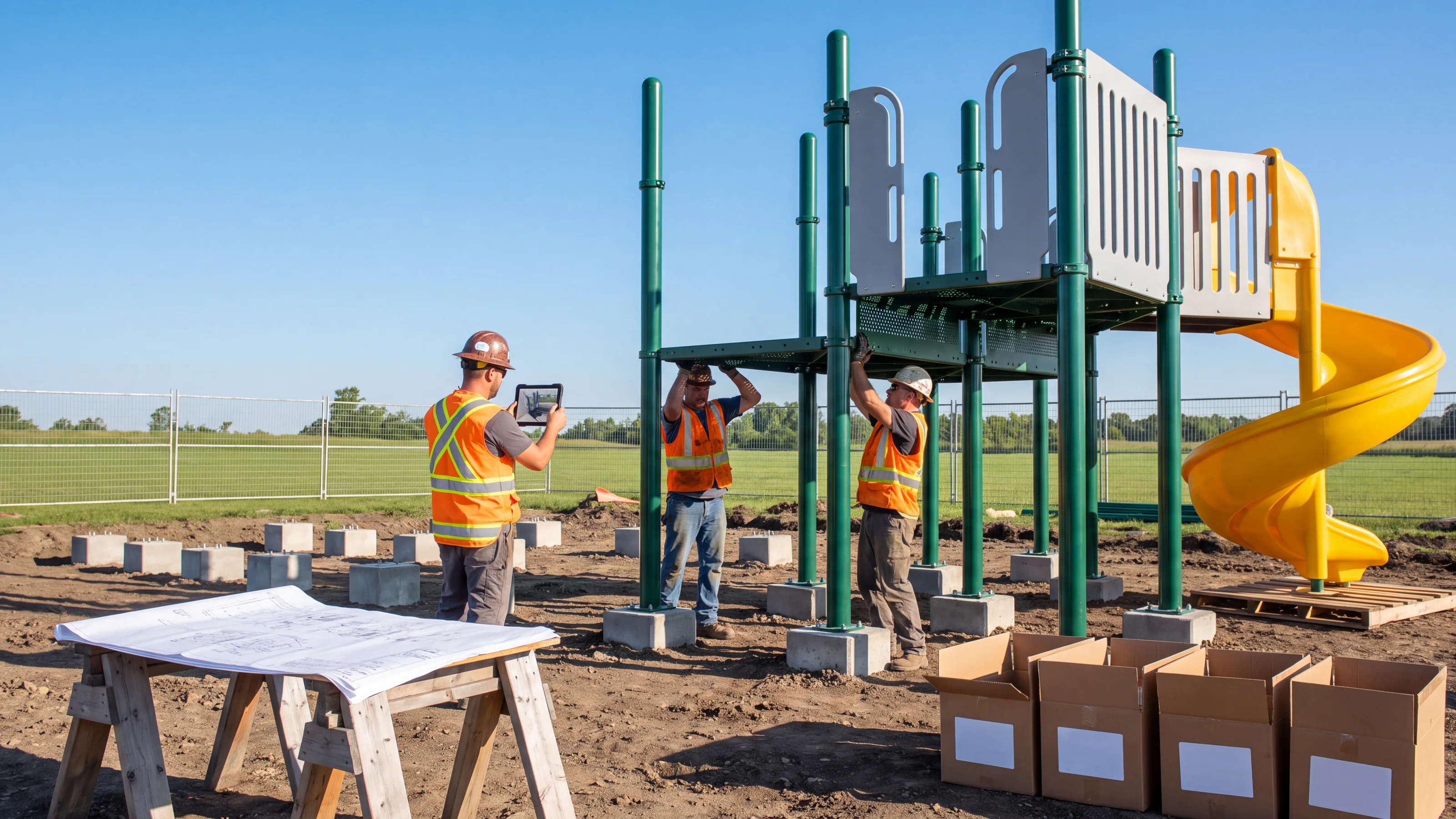 An installation crew fits a punched steel deck between two evergreen posts of a half-built commercial play structure, with the assembly drawing on a sawhorse and a tablet in the crew lead's hand