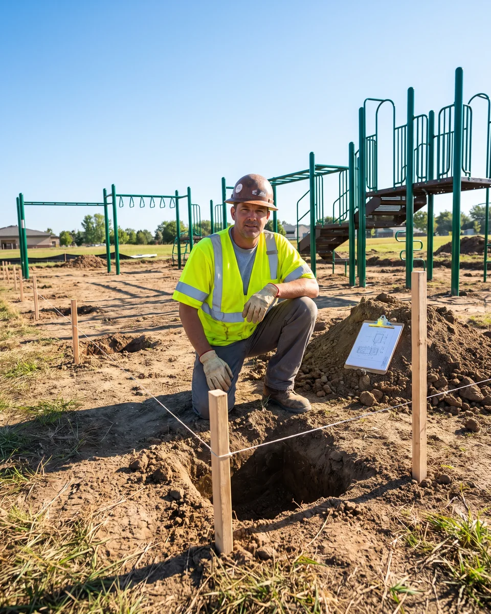 An installer stands beside a freshly dug footing hole, with stakes and string setting out the footing points and a footing drawing clipped to a board