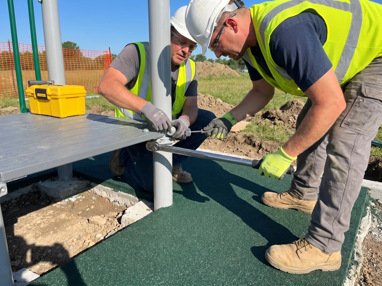 An installer tightens a connection with a torque wrench while a colleague caps the fastener heads, surfacing already laid below