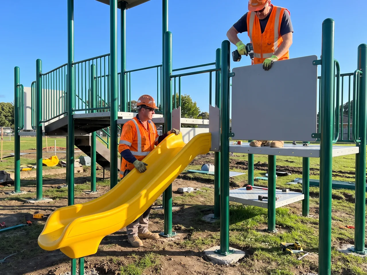 One installer lines up a yellow slide section with the deck while another fits a grey barrier panel above