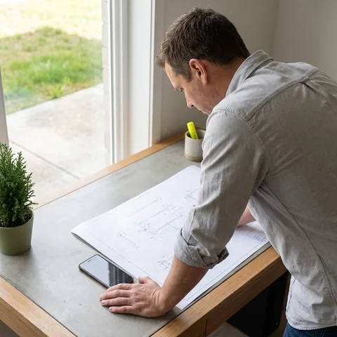 A project manager at a desk with the printed assembly drawing of the order