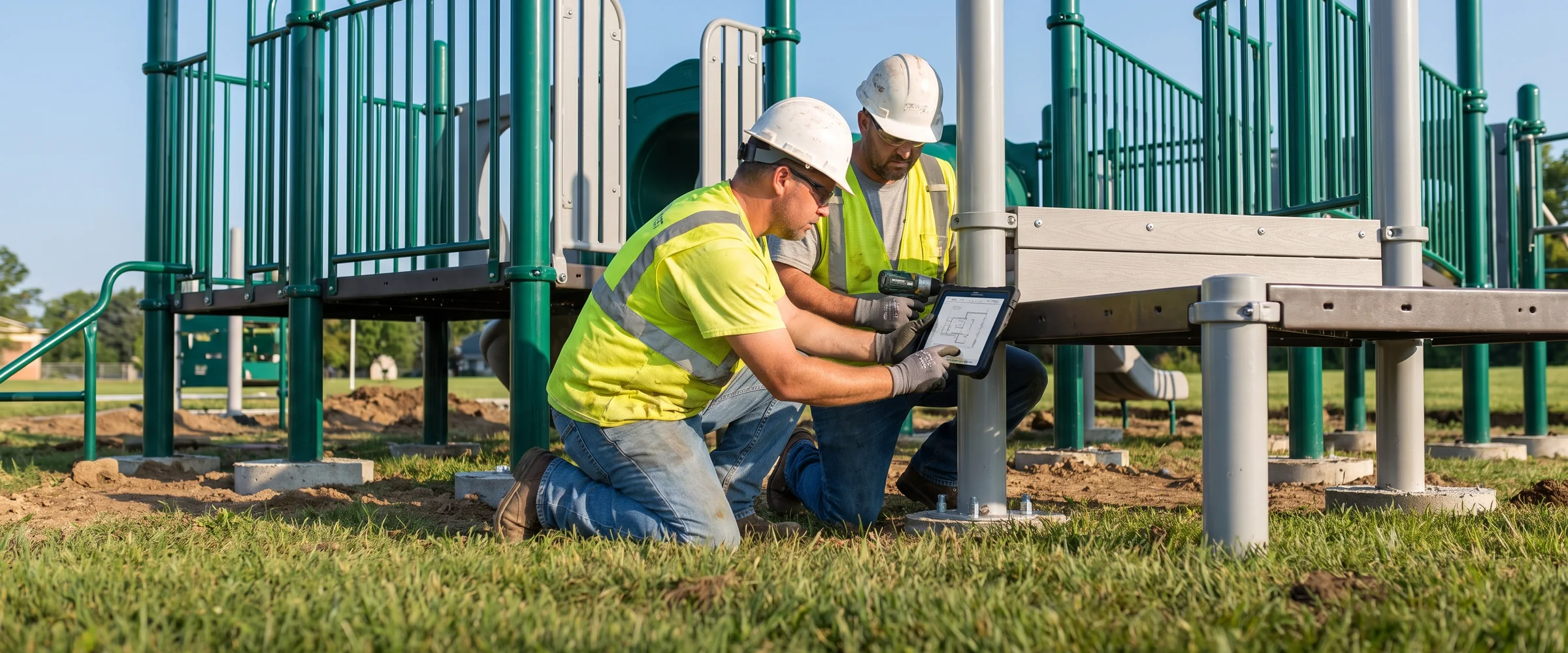 An installer holding a tablet up on site while a colleague works