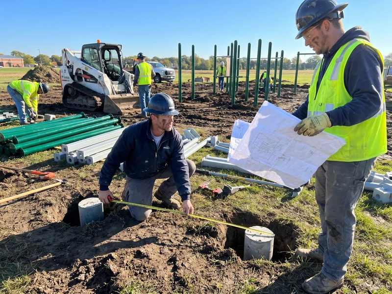 The supervisor measures a footing position against the drawing