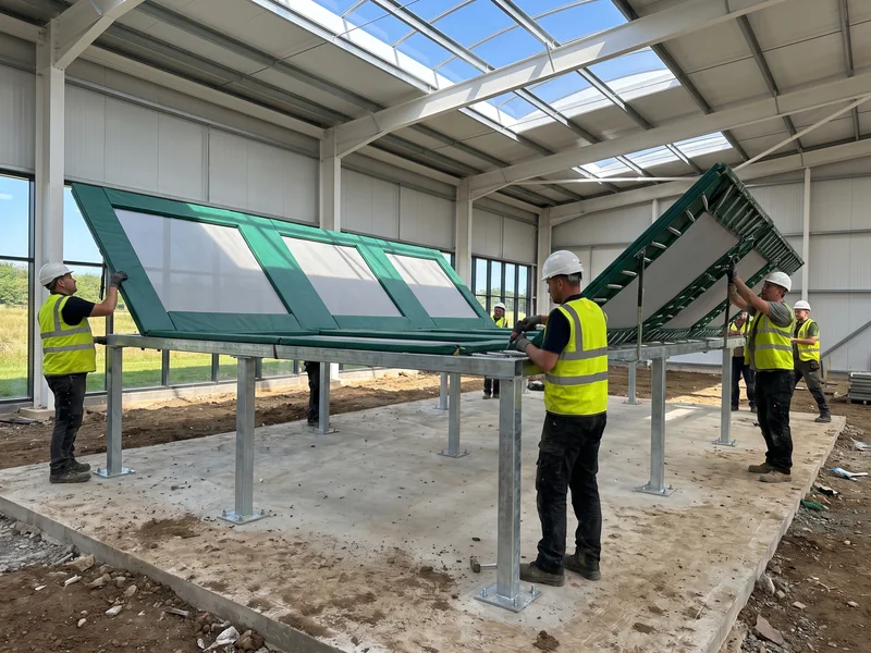 A raised trampoline court frame anchored to the floor slab, beds half hung