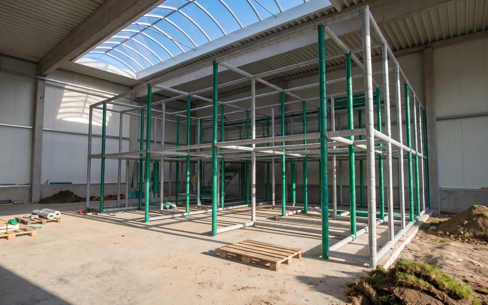 Two-level soft play structure in an empty indoor venue with its galvanized frame installed