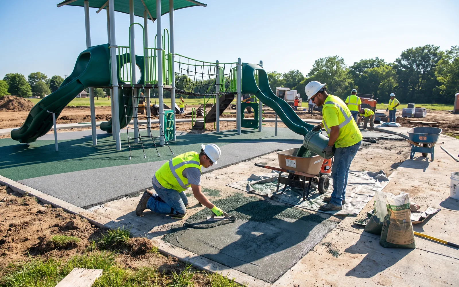 A crew laying poured rubber surfacing, one pouring and one troweling