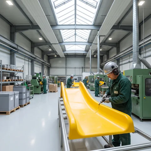 An operator trims the opening of a yellow slide section