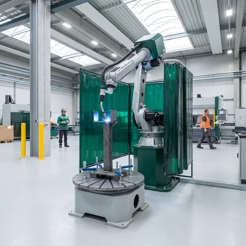 A robotic welding cell welds a deck bracket onto a post