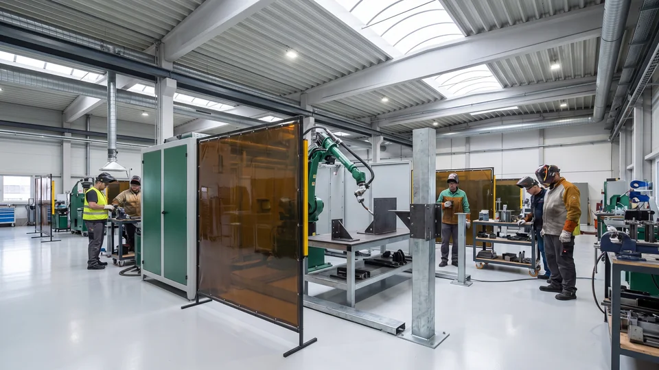 A robotic welding cell joins a bracket to a post