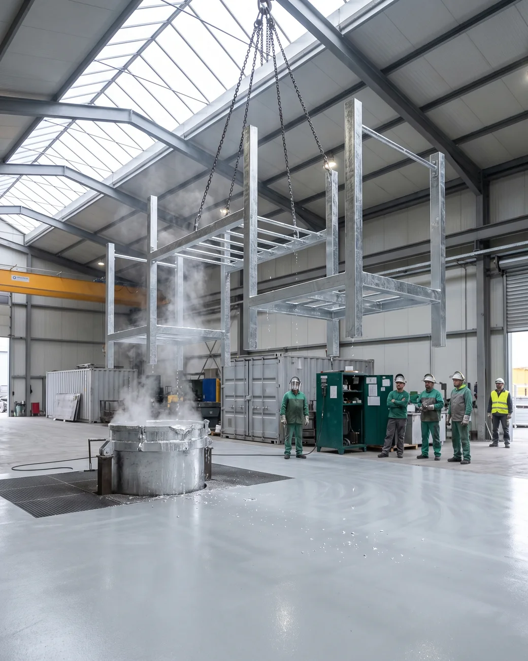 A complete welded frame is lifted out of the zinc bath at the galvanizing plant