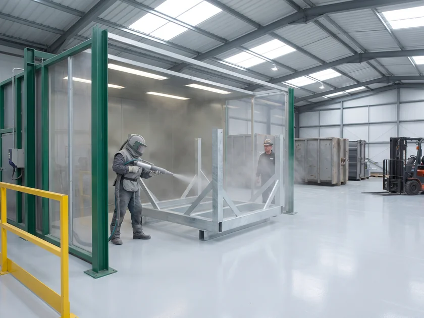 A galvanized frame in the sweep blast booth