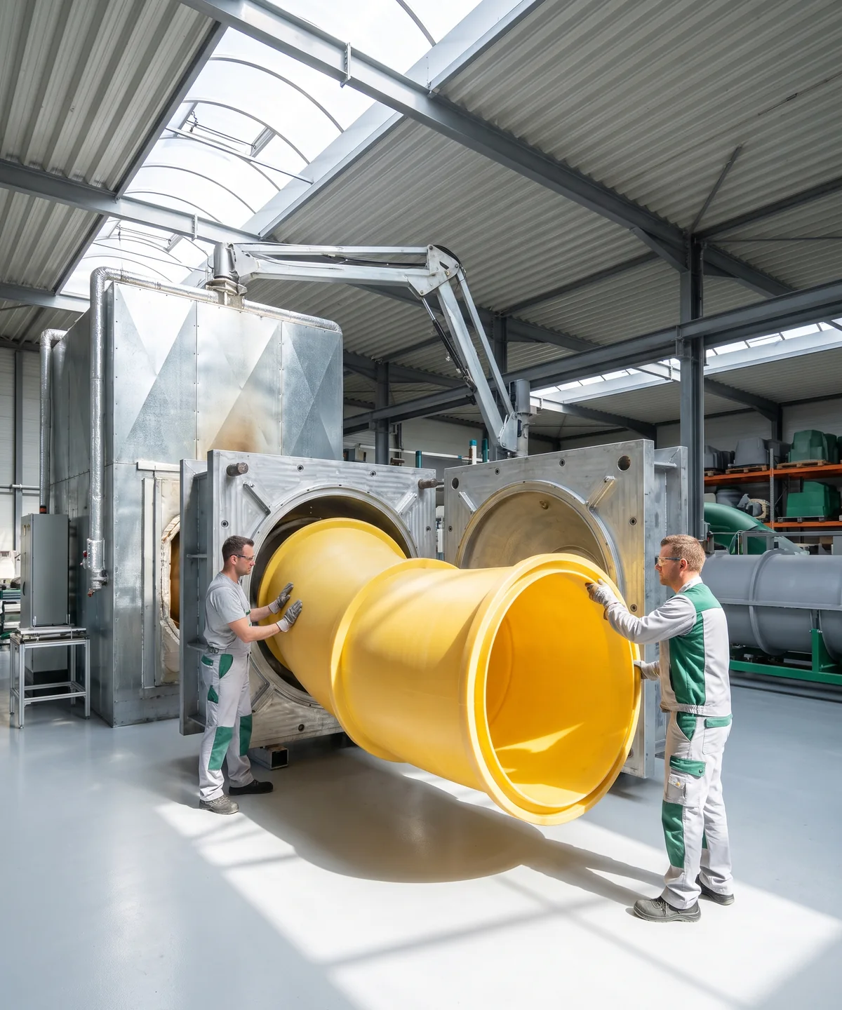 Two operators lifting a yellow spiral slide section out of an open steel mold