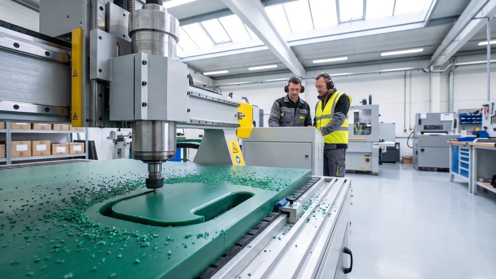 A CNC router cuts a handhold into a 19 mm evergreen HDPE panel