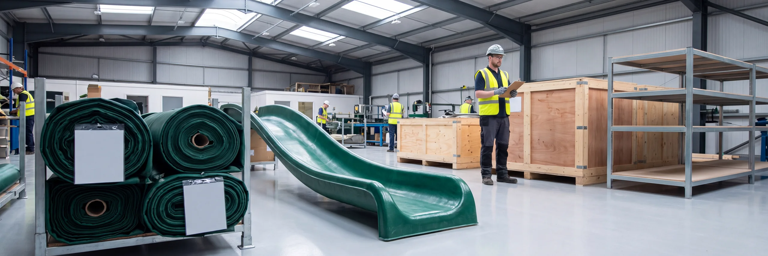 Partner-built jump beds with cell labels and a fiberglass wave slide in the goods-in area