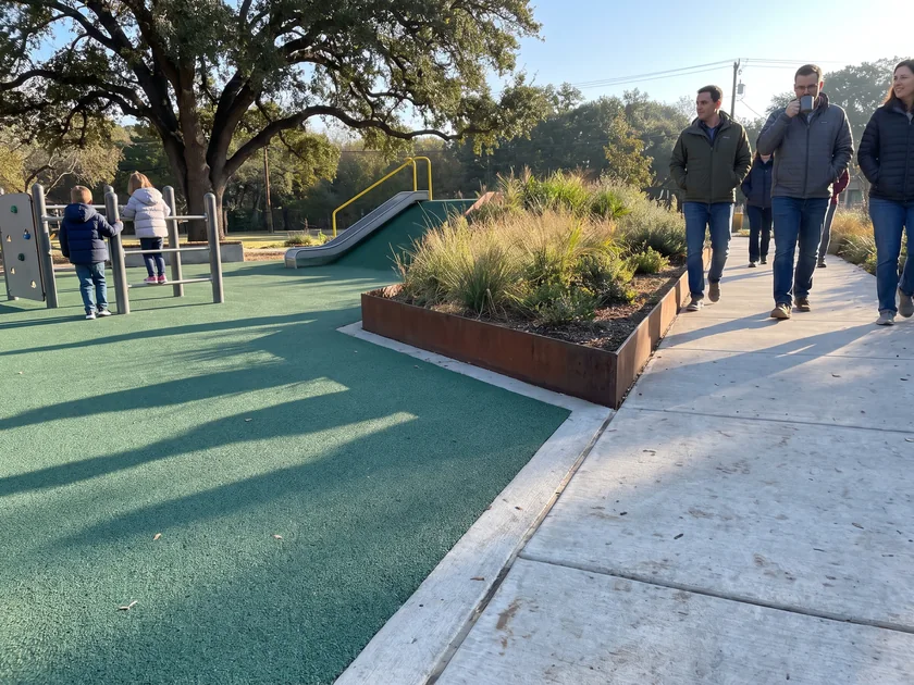 Poured rubber surfacing meeting a concrete path and a planting edge