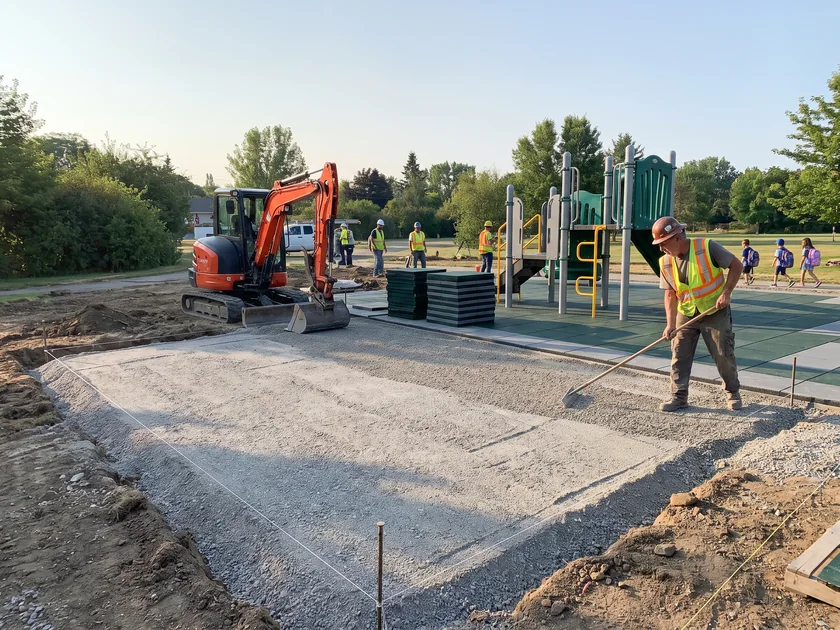 An installer preparing the excavated base for playground surfacing