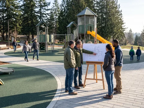 A designer pointing to a structure on a printed drawing