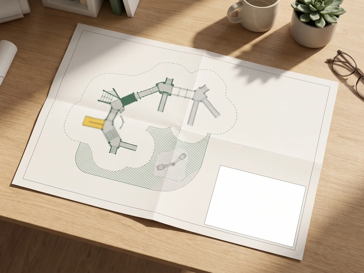 A printed playground layout sheet on a table