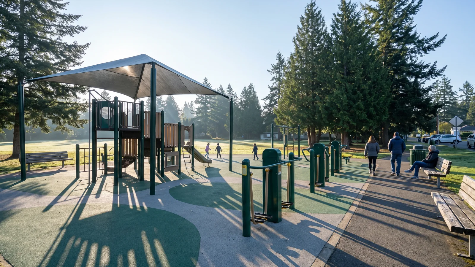 A municipal park play area with shade over the play equipment and fitness stations beside it