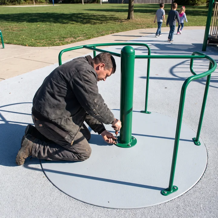 A maintenance worker kneeling on a spinner deck loosening the hub with a security bit while the deck and surfacing stay in place