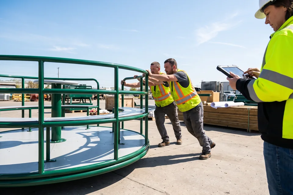 Two workers pushing a large spinner while a QC inspector watches a tablet