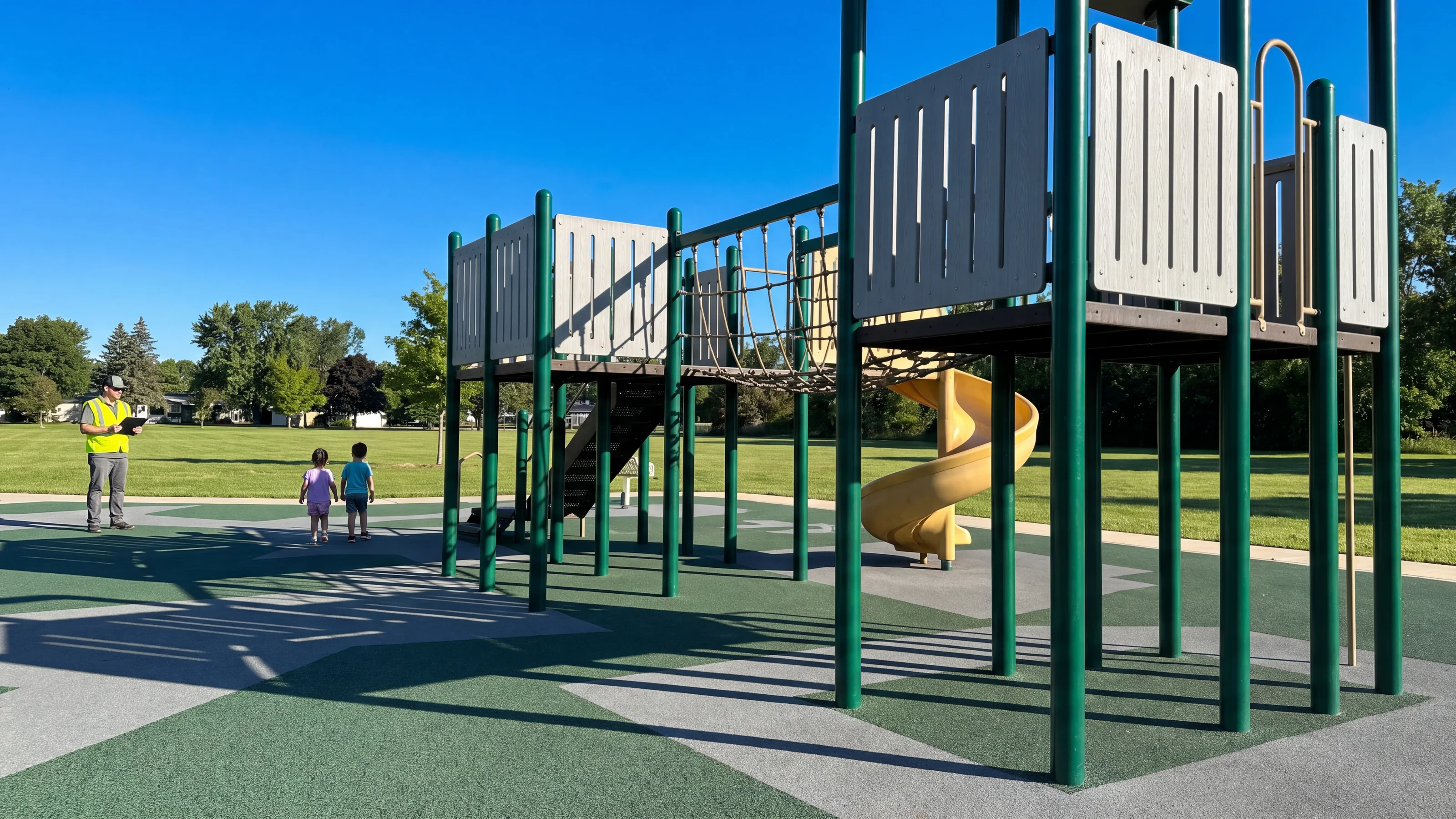 A large multi-deck commercial playground structure with evergreen posts, grey panels and a yellow spiral slide in a park on a clear morning