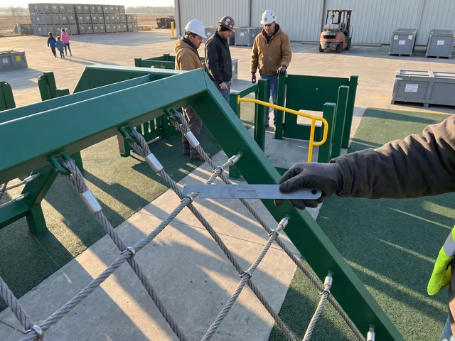 A gloved hand inserts a gap gauge into a rope net opening on a pre-assembled structure