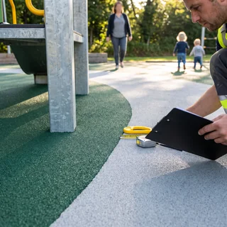 The edge between two colors of rubber surfacing marking a use zone
