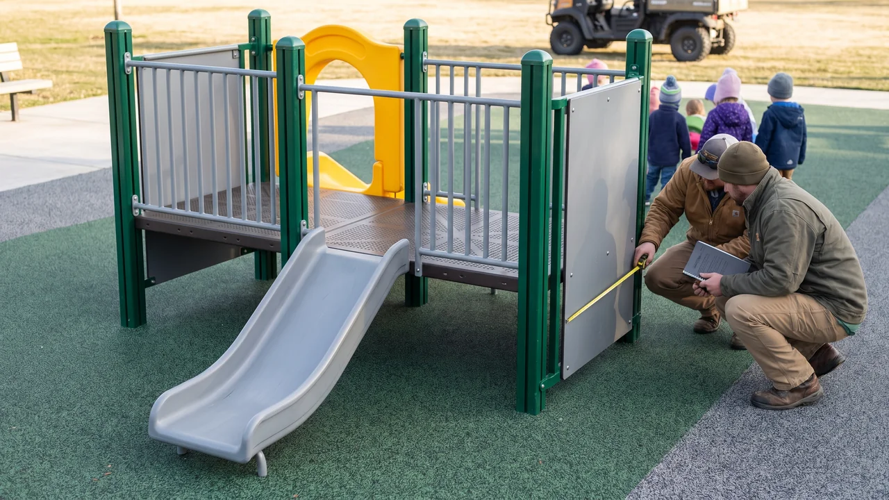 A low two-deck play structure with a short slide for the 2 to 5 year zone