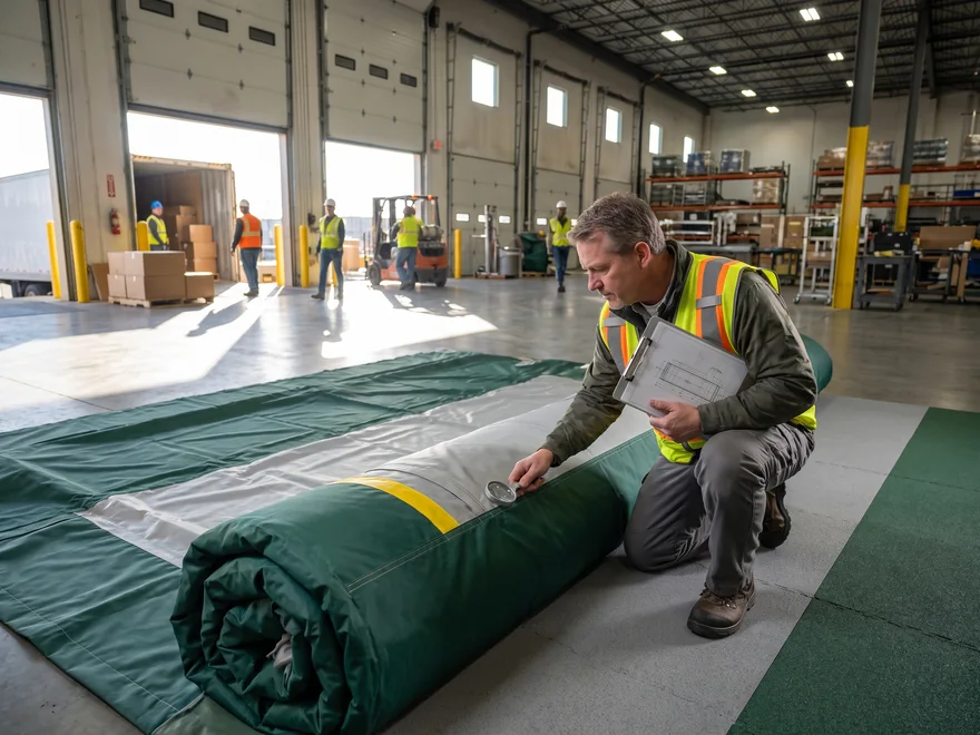 A QC inspector checks the seams of a commercial inflatable against a printed drawing before loading
