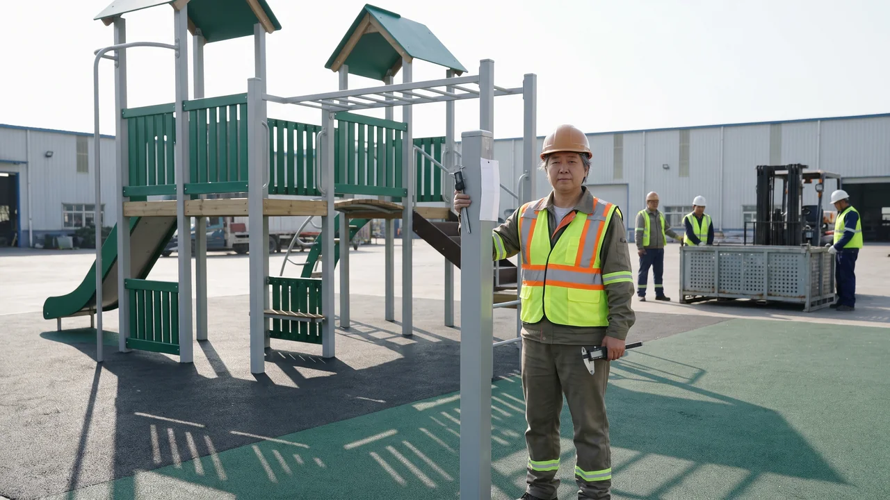 A still from a pre-assembly video: a QC inspector holds up a labelled post in front of the pre-assembled structure