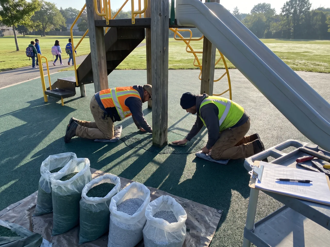 Two installers trowel poured-in-place EPDM surfacing on site