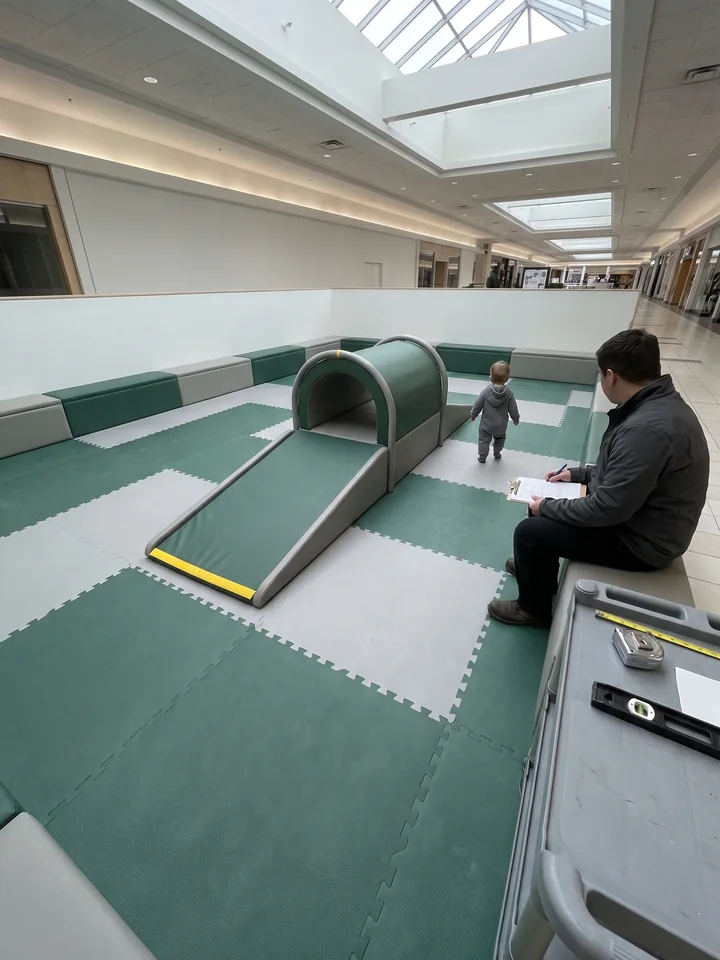 A low infant and toddler area with soft mats, a small ramp and a tunnel in a bright indoor venue