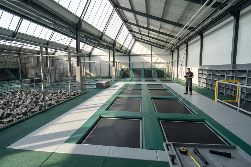 A trampoline court with pads over the frame, dodgeball netting and a foam pit