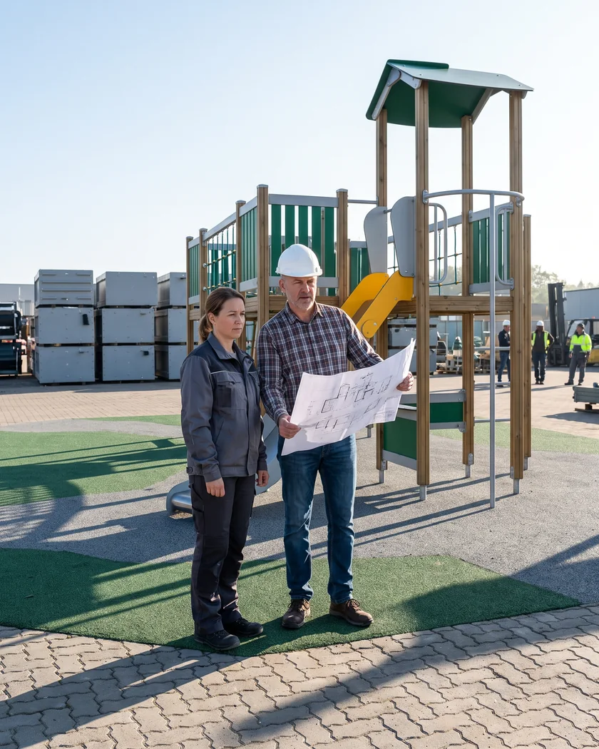 An outside inspector and the factory QC compare a printed drawing with a pre-assembled structure