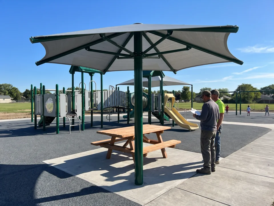 Fixed single-post umbrella shade over a picnic table beside a playground