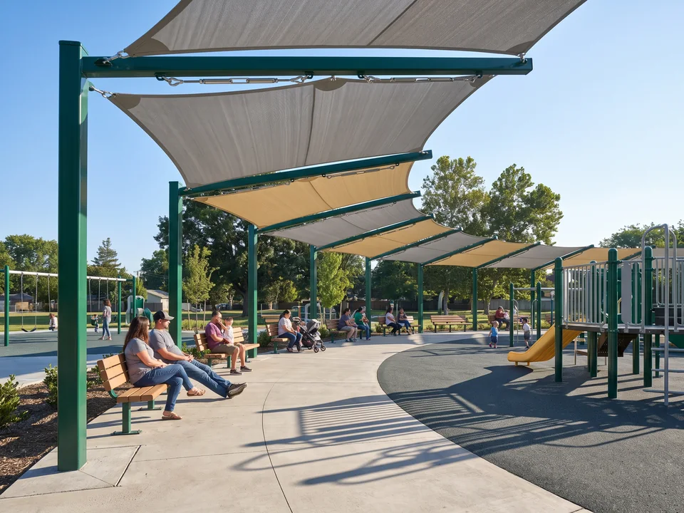 Multi-span canopy over the seating edge and path of a playground