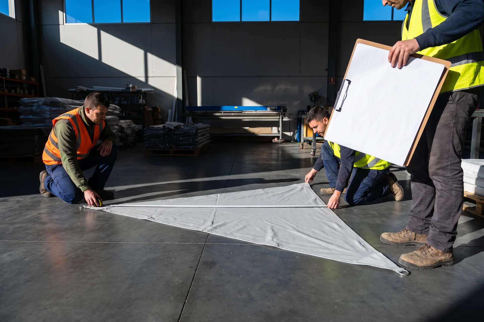 Triangular shade sail laid flat on the QC floor, measured corner to corner against the frame drawing