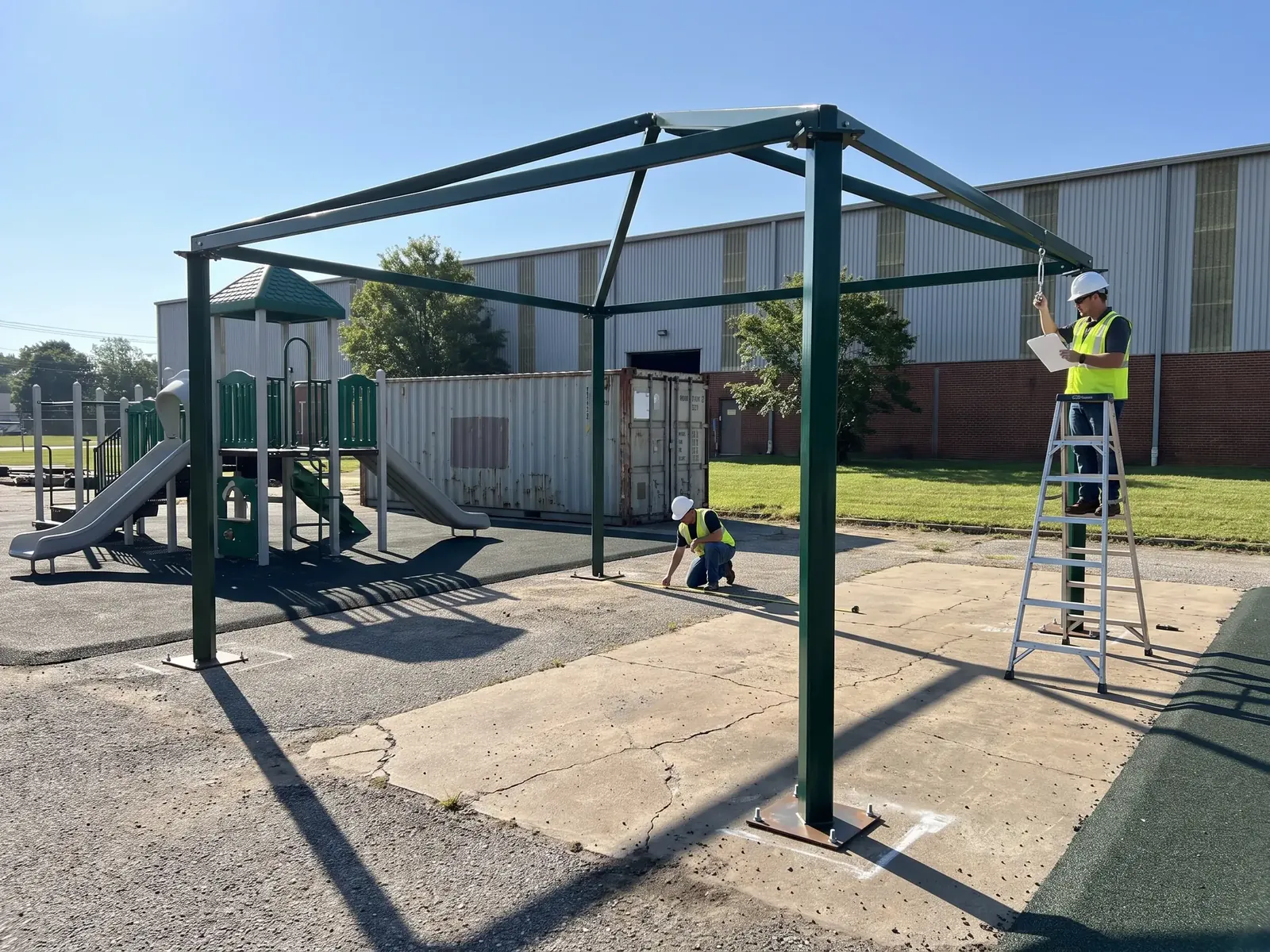 A shade frame trial-assembled without fabric in the pre-assembly yard beside the play structure of the same order, QC checking eye plates against the frame drawing
