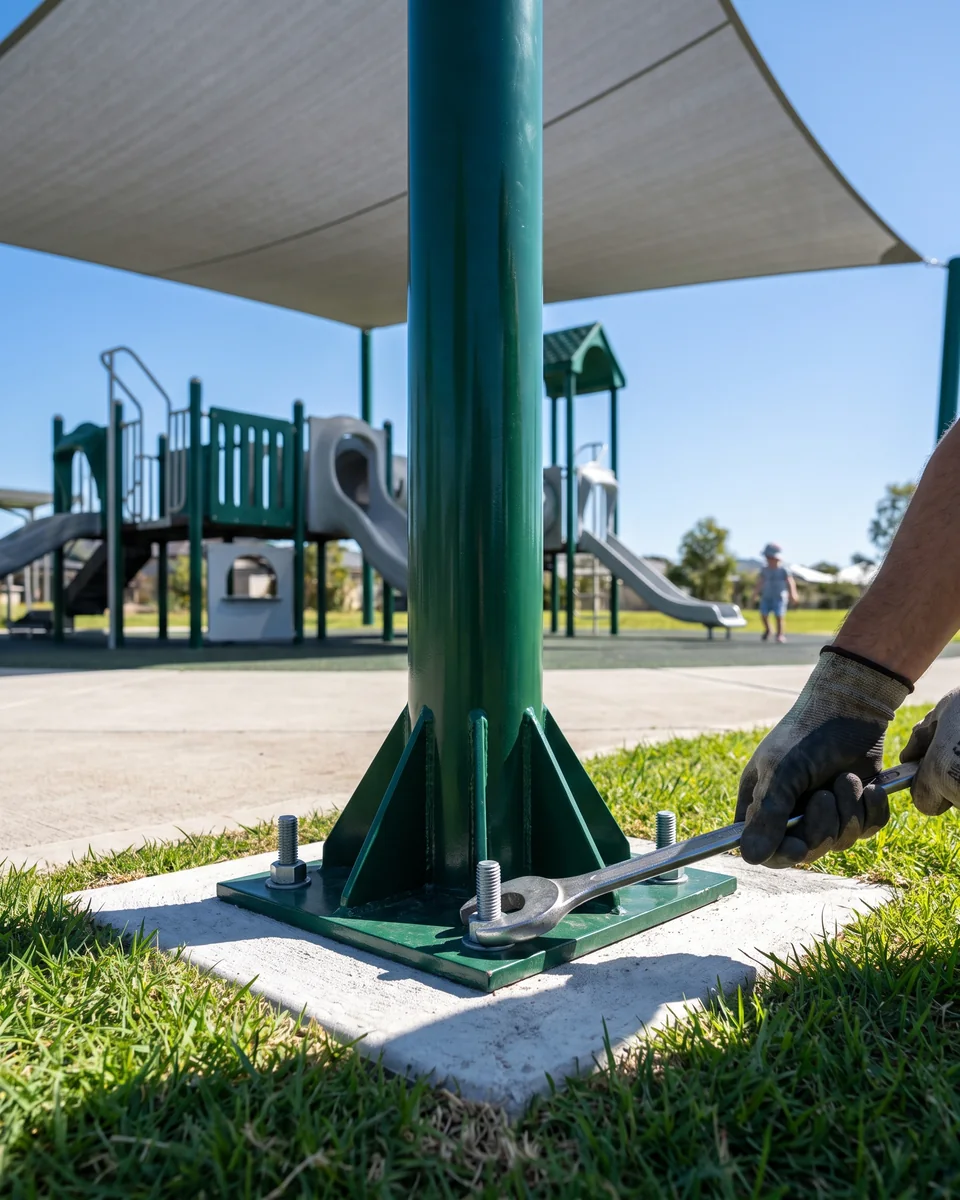 An evergreen shade post fixed with an anchor-bolt base plate on its concrete footing