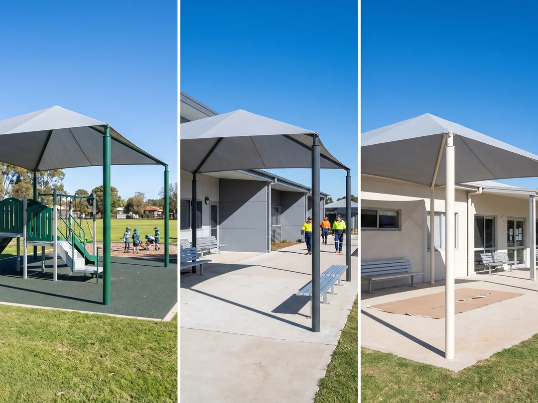 Three sets of the same shade posts and sails with frames in different RAL colors